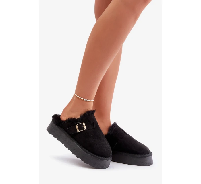 Dámské Pantofle Na Silné Podešvi S Kožešinou A Přezkou Černé Linneola Dámské Pantofle Na Silné Podešvi S Kožešinou A Přezkou Černé Linneola