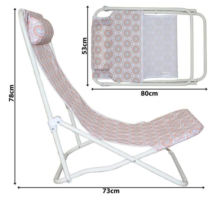 SKLÁDACÍ PLÁŽOVÉ LEHÁTKO S OPĚRKOU HLAVY MODRÉ A ORANŽOVÉ