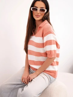 Dámský svetr s límečkem a krátkým rukávem pruhovaný model 21949226 - K-Fashion