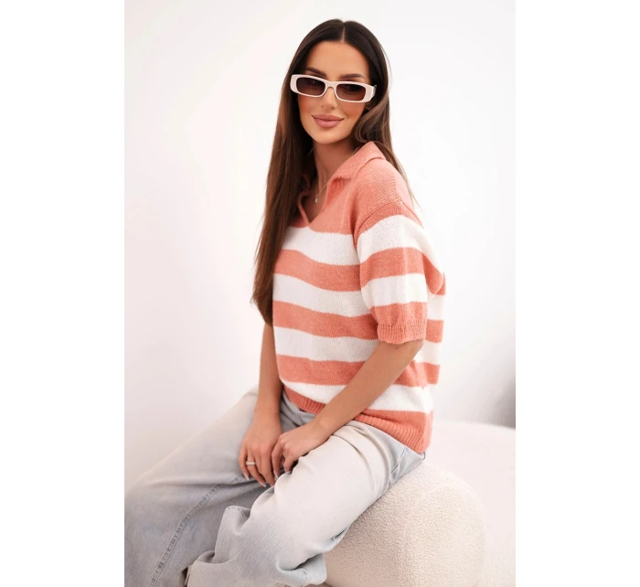 Dámský svetr s límečkem a krátkým rukávem pruhovaný model 21949226 - K-Fashion