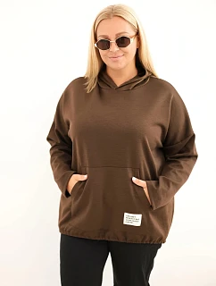 Dámská plus size viskózová mikina s kapucí a klokaní kapsou hnědá