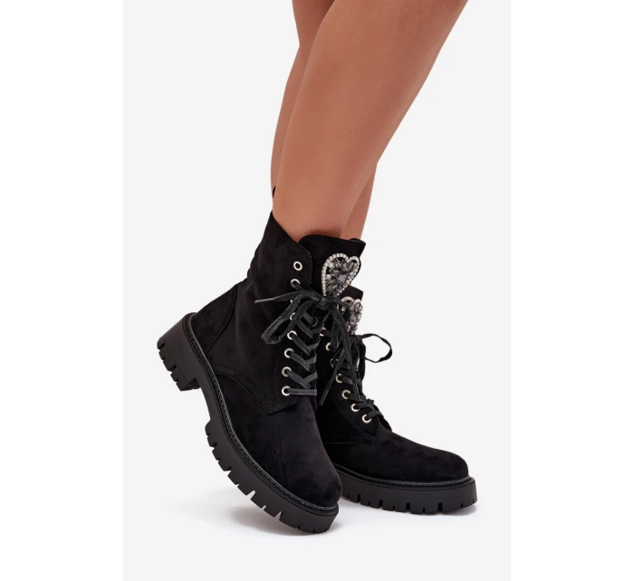 Boty Pracovní S Bižuterními Doplňky Zateplené Eko Semišové Černé Miryssa