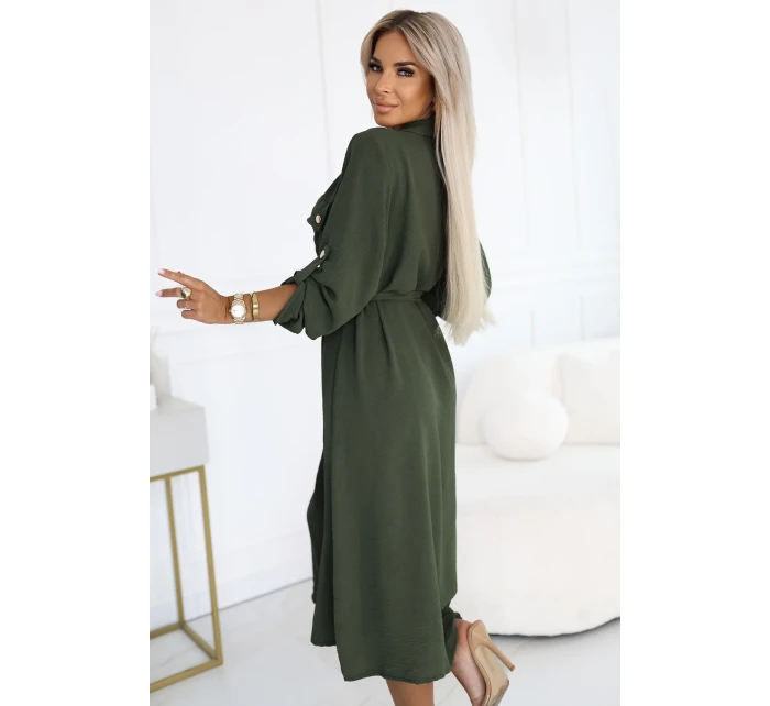 model 21146238 Midi košilka se zlatými knoflíky a vázáním KHAKI - numoco basic