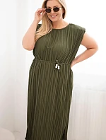Dámské viskózové plisované šaty Plus Size s vázáním khaki