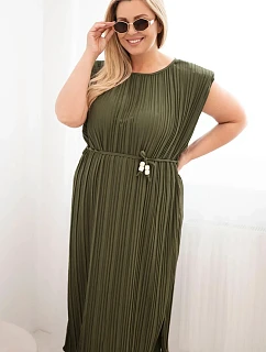 Dámské viskózové plisované šaty Plus Size s vázáním khaki