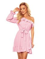 Dámské šaty ve špinavě růžové barvě přes jedno rameno s volánky a zavazováním 366-3