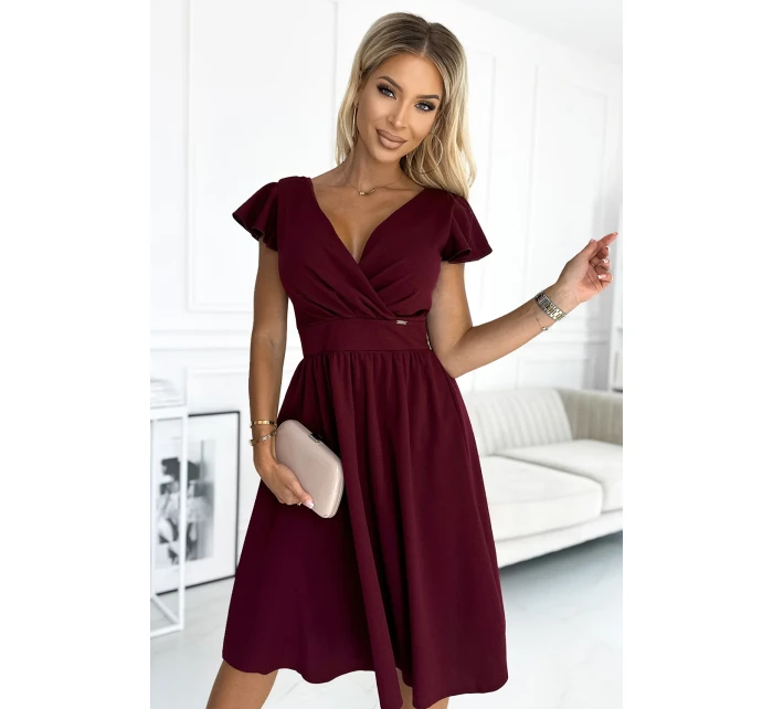 425-4 MATILDE Šaty s výstřihem a krátkými rukávy - Bordeaux 425-4 MATILDE Šaty s výstřihem a krátkými rukávy - Bordeaux