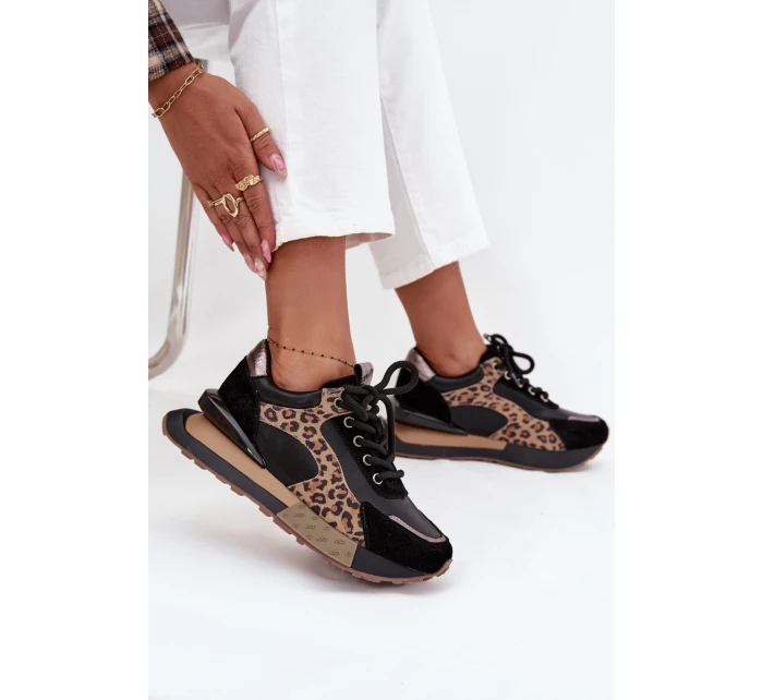Dámské kožené tenisky na platformě s leopardím vzorem Artiker – černé Dámské kožené tenisky na platformě s leopardím vzorem Artiker – černé