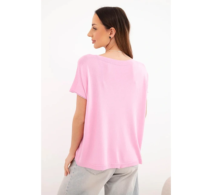 Dámská oversize halenka z viskózy s krátkým rukávem a kulatým výstřihem cukrově růžová