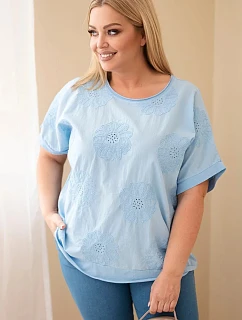 Dámská bavlněná halenka Plus Size s vyšívanými květinami modrá