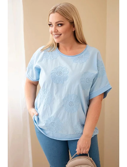 Dámská bavlněná halenka Plus Size s vyšívanými květinami modrá