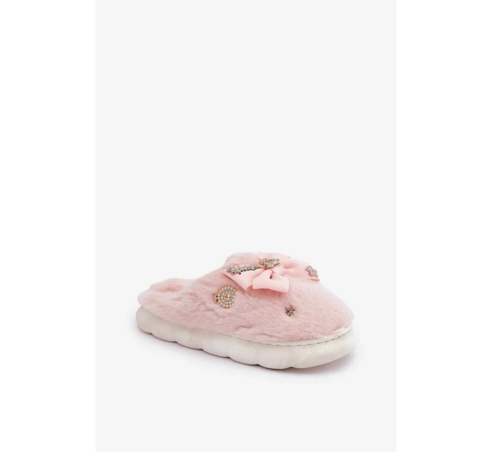 Futrzané Pantofle S Mašlí A Brožemi Růžové Annalira