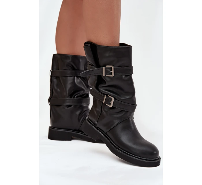 Dámské kozačky ke kolenům s pásky a sponami Halvessa – černé