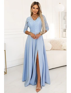 model 22040386 AMBER elegantní dlouhé krajkové šaty s výstřihem modré - numoco