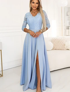 model 22040386 AMBER elegantní dlouhé krajkové šaty s výstřihem modré - numoco