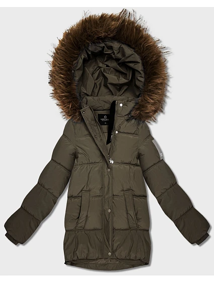 Péřová bunda s kapucí khaki (KK60610)