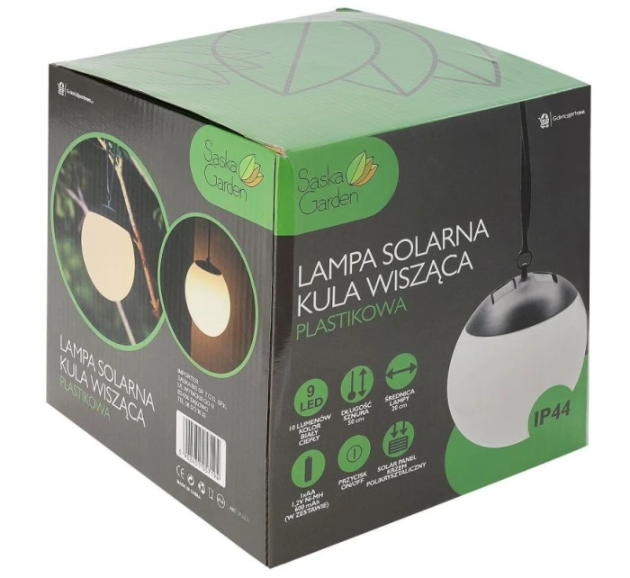 SOLÁRNÍ LAMPA PLASTOVÁ KOULE ZÁVĚSNÁ 20CM