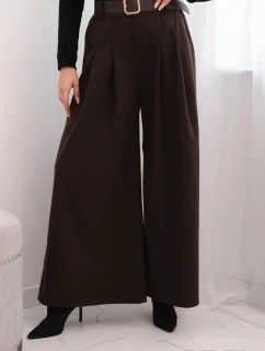 Dámské kalhoty s širokou nohavicí a páskem hnědé
