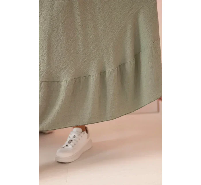 Dámské šaty plus size s krátkým rukávem a volánem z lehké viskózy khaki