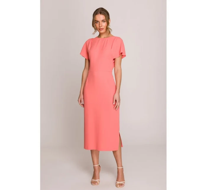 model 20966224 Tužkové šaty s rozparkem na boku oranžové - STYLOVE model 20966224 Tužkové šaty s rozparkem na boku oranžové - STYLOVE
