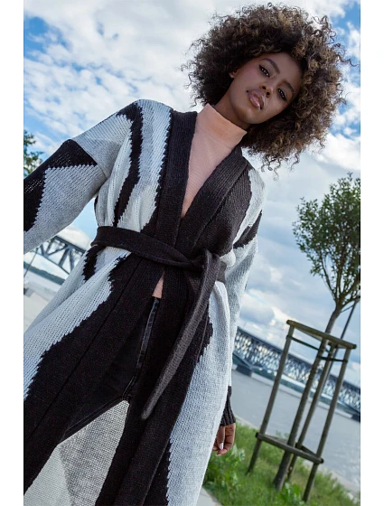 Dámský dlouhý Cardigan model 20592291 Černá s bílou mix - Fobya
