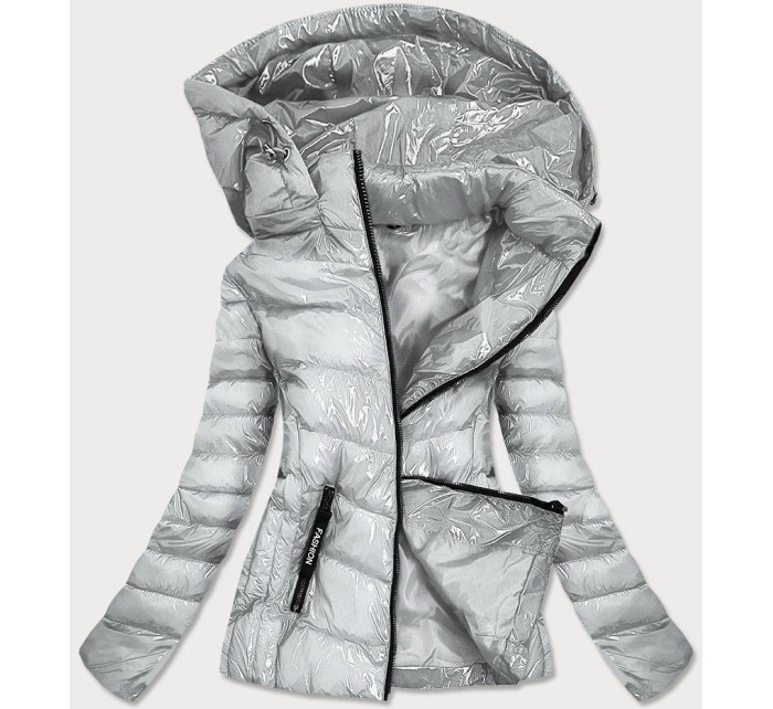 Lesklá stříbrná dámská bunda s kapucí (B9569)