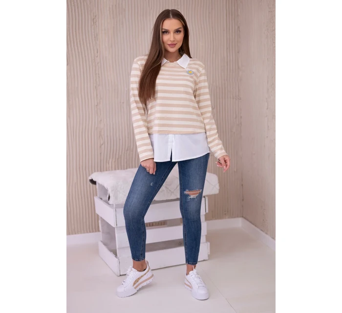 Pruhovaná bavlněná halenka s límečkem světle béžová+tmavě béžová Pruhovaná bavlněná halenka s límečkem světle béžová+tmavě béžová