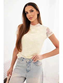 Dámská viskózová krajková halenka s krátkým rukávem a model 22048821 žlutá - K-Fashion