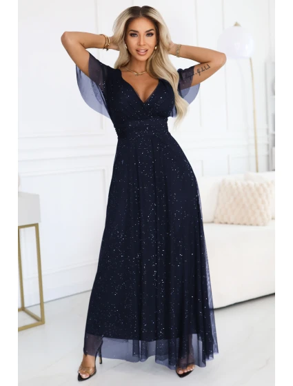 dlouhé lesklé šaty s výstřihem a krátkými rukávy tmavě modré model 21777396 - numoco basic dlouhé lesklé šaty s výstřihem a krátkými rukávy tmavě modré model 21777396 - numoco basic