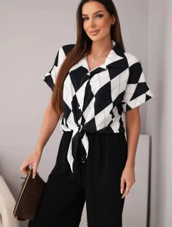 Dámský komplet viskózová košile s vázáním a kalhoty s gumou černý