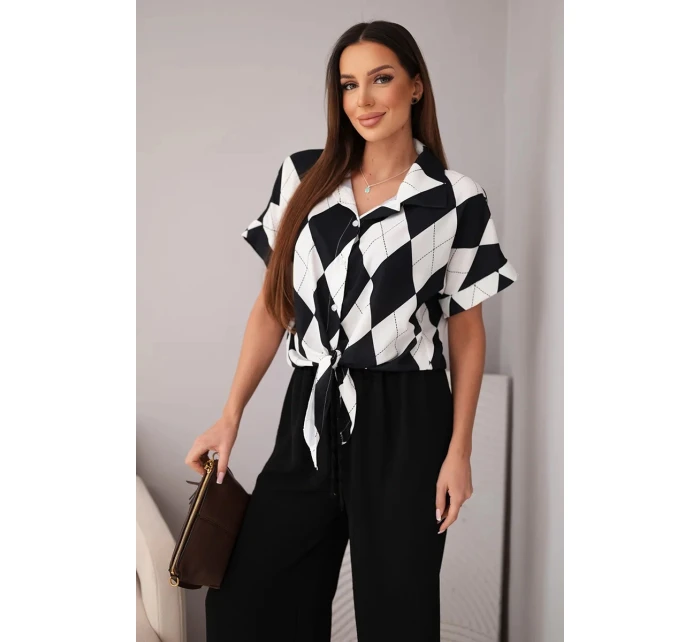 Dámský komplet viskózová košile s vázáním a kalhoty s gumou černý