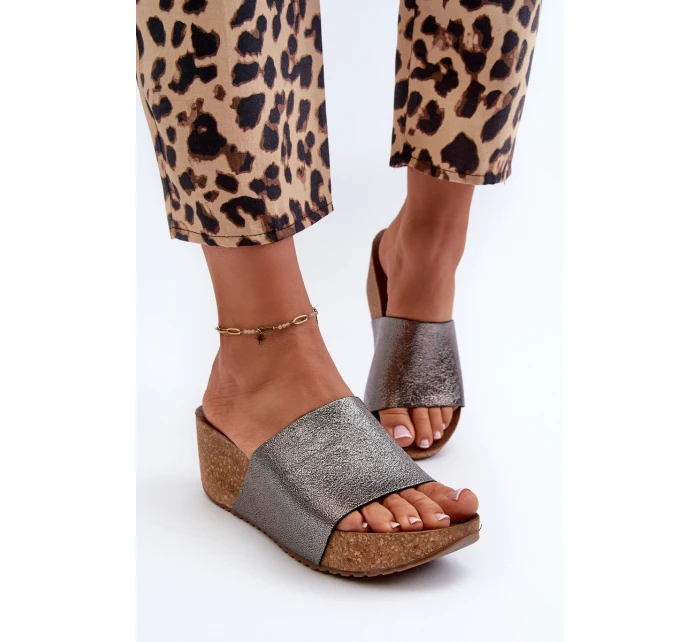 Zazoo 40291 Kožené Dámské Žabky na Korkové Platformě Grafitové