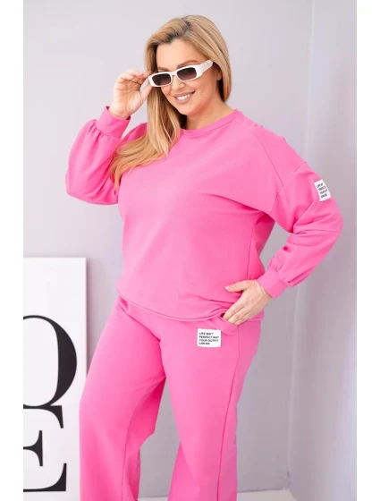 Dámský komplet Plus Size bavlněný s volnou mikinou a kalhotami s širokou nohavicí růžový