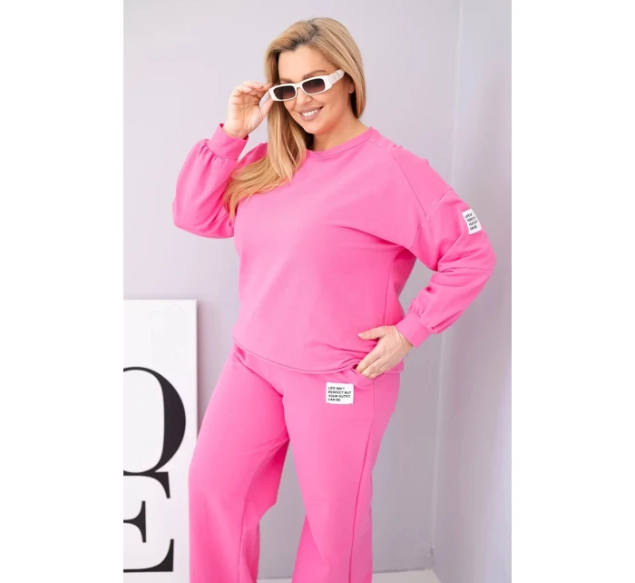 Dámský komplet Plus Size bavlněný s volnou mikinou a kalhotami s širokou nohavicí růžový