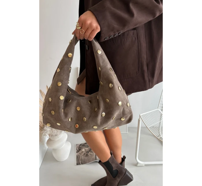 Kožená semišová kabelka s zdobením tmavě béžová model 21721804 - Boto