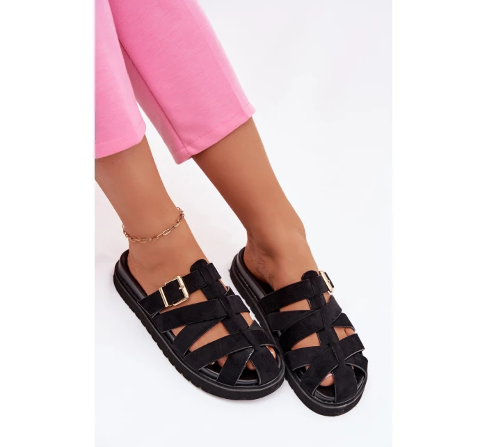 Dámské pantofle s pásky a zlatým sponou Černé model 21943458 - Boto