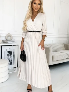 462-1 SERENA Plisované maxi šaty s výstřihem, páskem a 3/4 rukávy - BEACH