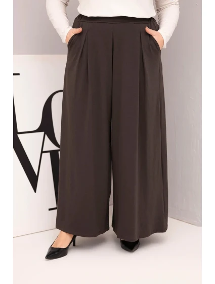 Dámské bavlněné kalhoty Plus Size s širokou nohavicí a volným střihem hnědé