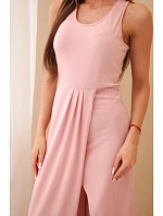 Dámské bavlněné midi šaty bez rukávů s řasením tmavě růžová