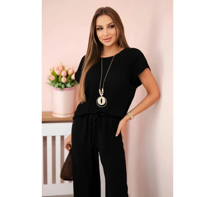 Viskózový komplet plisovaná halenka + kalhoty černý