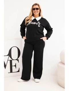 Dámská souprava máslíčko Plus Size s širokými nohavicemi a límečkem černý