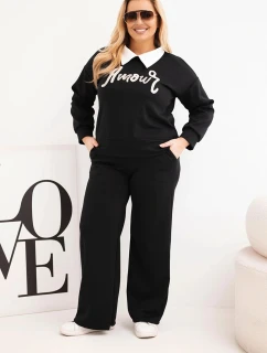 Dámská souprava máslíčko Plus Size s širokými nohavicemi a límečkem černý