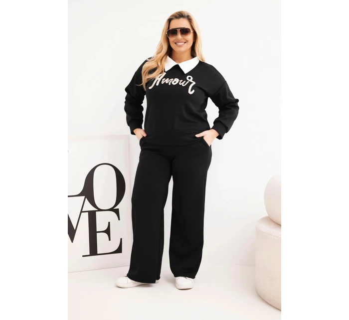 Dámská souprava máslíčko Plus Size s širokými nohavicemi a límečkem černý Dámská souprava máslíčko Plus Size s širokými nohavicemi a límečkem černý