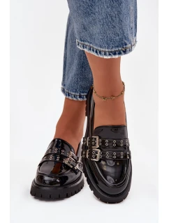 Kožené dámské mokasíny s pásky a přezkami Černé model 21744765 - Boto