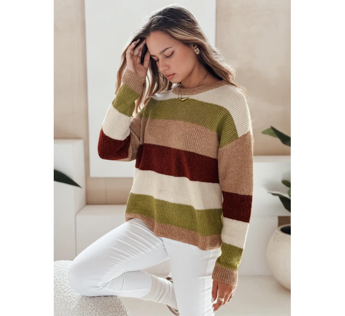Dámský pruhovaný svetr CALVENA camel green FashionStreet MY2559