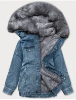 Světle modro-šedá dámská džínová bunda s kožešinovou odepínací podšívkou (br9588-5009) Světle modro-šedá dámská džínová bunda s kožešinovou odepínací podšívkou (br9588-5009)