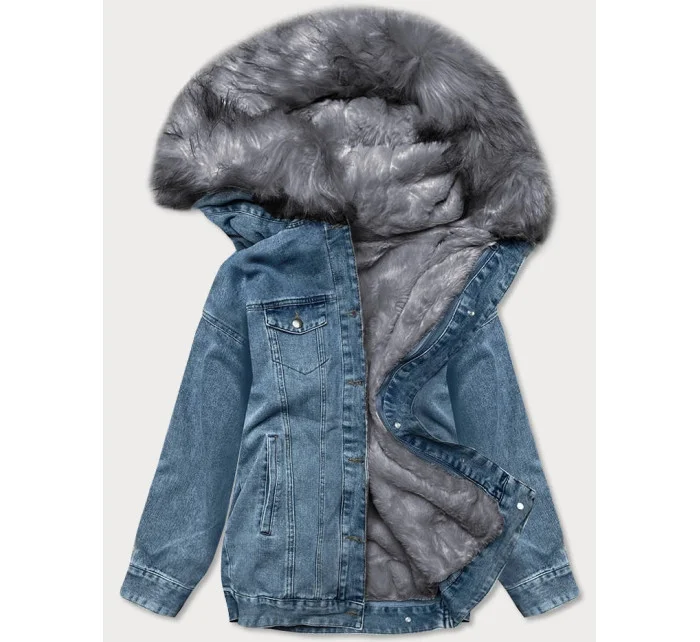 Světle modro-šedá dámská džínová bunda s kožešinovou odepínací podšívkou (br9588-5009) Světle modro-šedá dámská džínová bunda s kožešinovou odepínací podšívkou (br9588-5009)