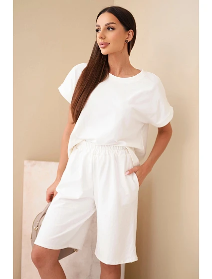 Dámský bavlněný komplet triko s krátkým rukávem a šortky s gumou v pase ecru