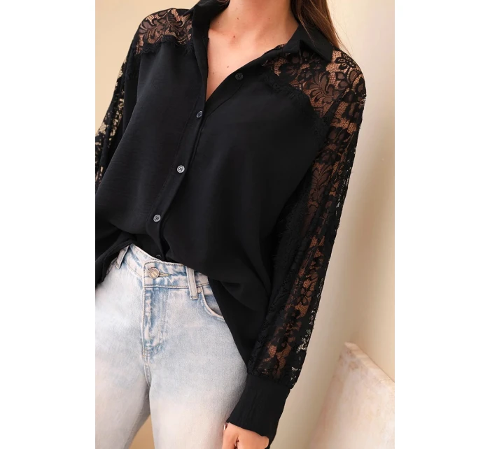 Dámská viskózová košile s krajkovými rukávy a límečkem černá