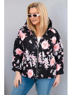 Dámská jarní prošívaná bunda Plus Size s kapucí a květinovým vzorem černá